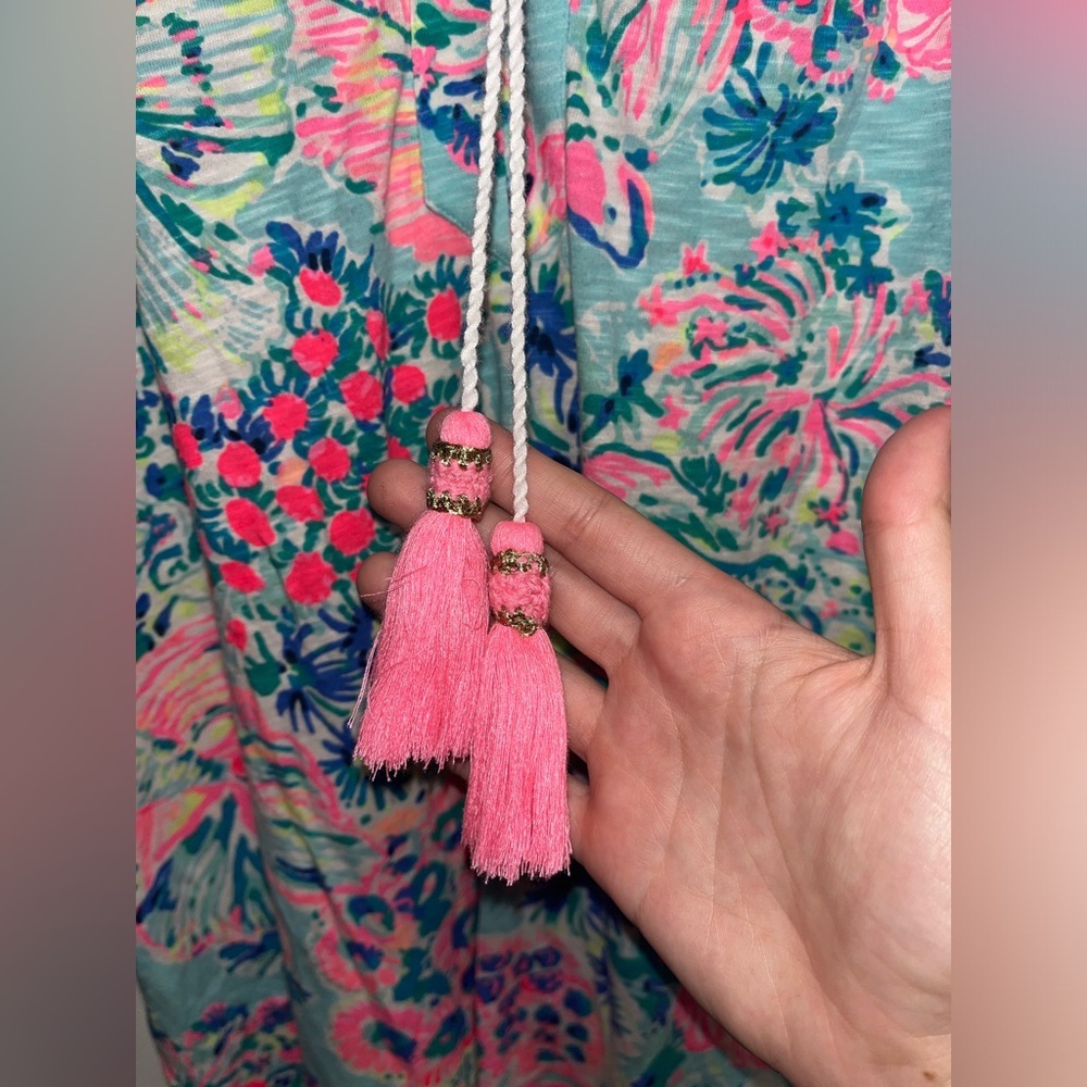 Lilly Pulitzer Del Lago Serene Gypsea Mini Dress Beachy Tassels Fish Sea Size M - Picture 2 of 8
